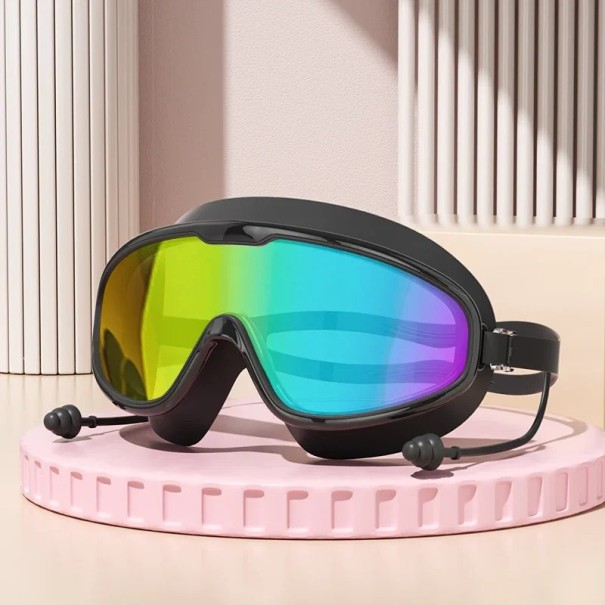 Lunettes de natation extérieures avec bouchons d'oreilles Verre arc-en-ciel Lunettes en silicone étanches pour la natation en piscine, en mer et en eau libre noir