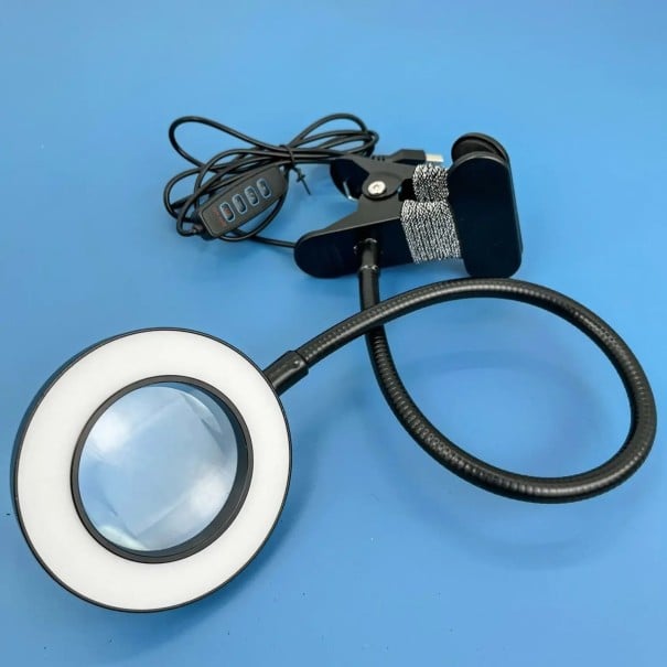 Lupe mit 10-facher Vergrößerung und LED-Beleuchtung Clip zur Befestigung 360° flexibler Hals Einstellbare Farbe und Helligkeit Licht schwarz