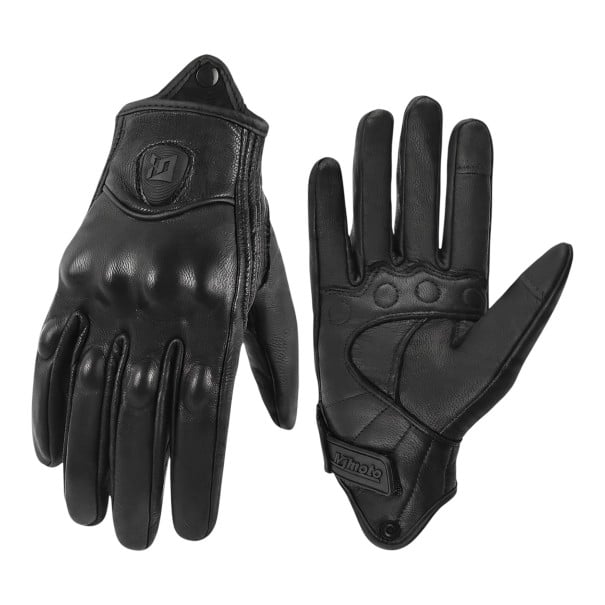 Luvas de moto de dedos inteiros com protecções de articulações e palma acolchoada em couro com superfície lisa pretas para condução de moto XXL