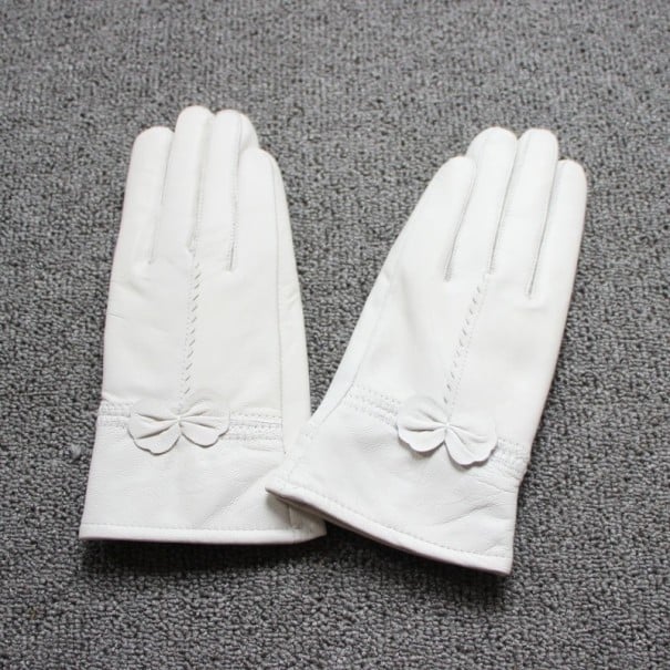 Luvas de pele para senhora com laço branco