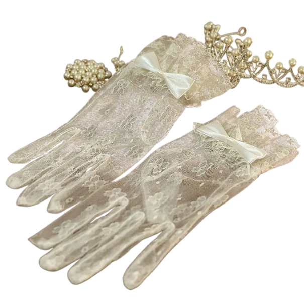 Luvas de renda femininas de dedos completos com laço curtas com franzido em poliéster respirável brancas luvas sociais para eventos festivos 1