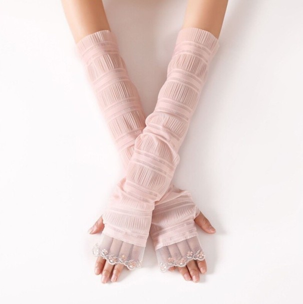 Luvas longas femininas com rendas rosa claro