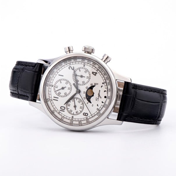 Luxe heren mechanische horloge Chronograaf met maanfases en datum Transparant deksel Behuizing 41 mm Saffierglas Staal 316L Leren band wit