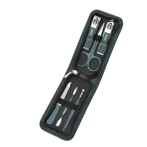 Luxe manicure- en pedicureset in leren etui. Tang, vijl, manicureschaar, nagelriemtrimmer, oorlepel. Reisspijkerset van roestvrij staal, 6 stuks
