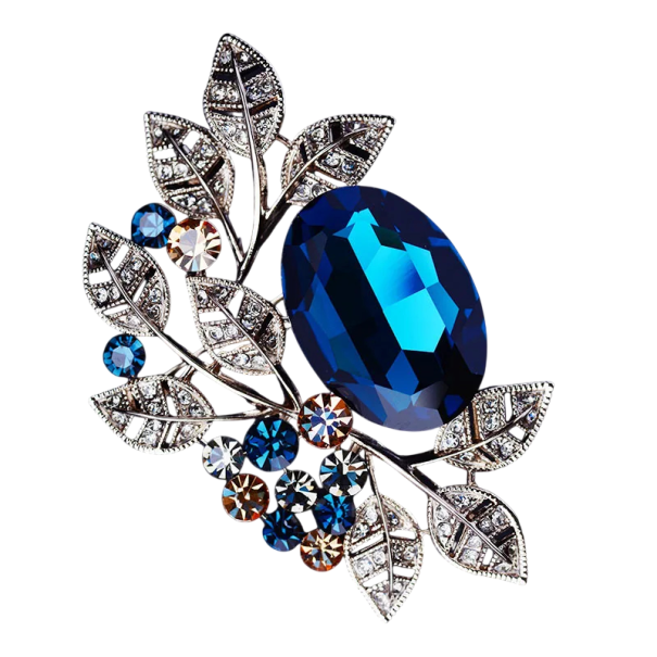 Luxe mode broche Amandelvormige edelsteen Bladmotief van steentjes Decoratieve kristallen Zinklegering Elegante sieraden blauw