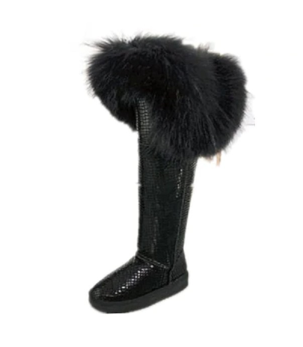 Luxuriöse Damenstiefel mit Fell J3208 schwarz glänzend 40