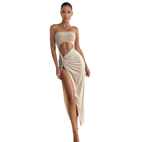 Luxuriöses langes trägerloses Kleid Glitzerndes Material Ausschnitt am Bauch Eleganter Knoten an der Seite Hoher Schlitz Damenkleid für Abend 1