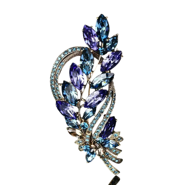 Luxury Fashion Brooch Branch with Leaves Crystal Decoration Elegant Natural Motif Zinc Alloy Statement Jewellery for Clothing blue