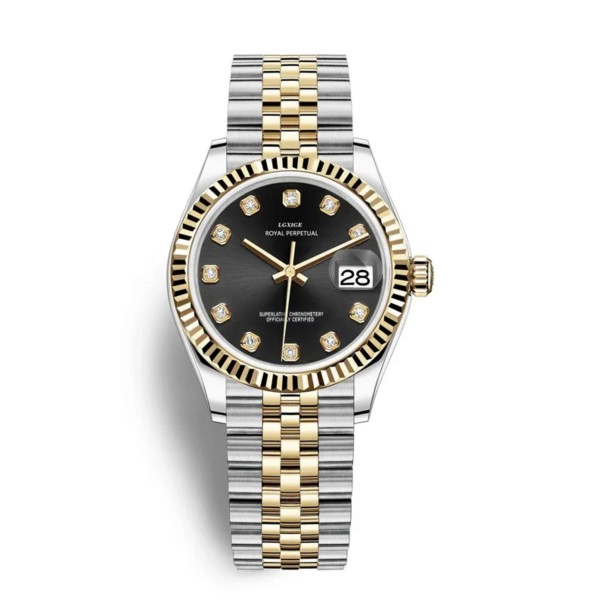 Luxury Ladies' Watch with Stones on the Dial Date Gold Ribbed Bezel Gold-Silver Five-Row Bracelet Water Resistant 5 ATM For Every Day black