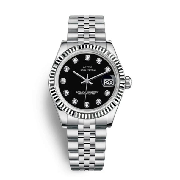 Luxury Ladies' Watch with Stones on the Dial Date Window Grooved Bezel Silver Link Bracelet Water Resistant 5 ATM For Every Day black