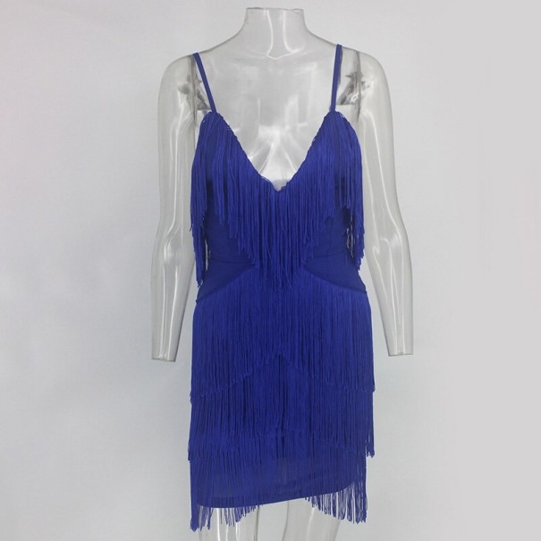 Luxury Mini Dress with Fringes blue S