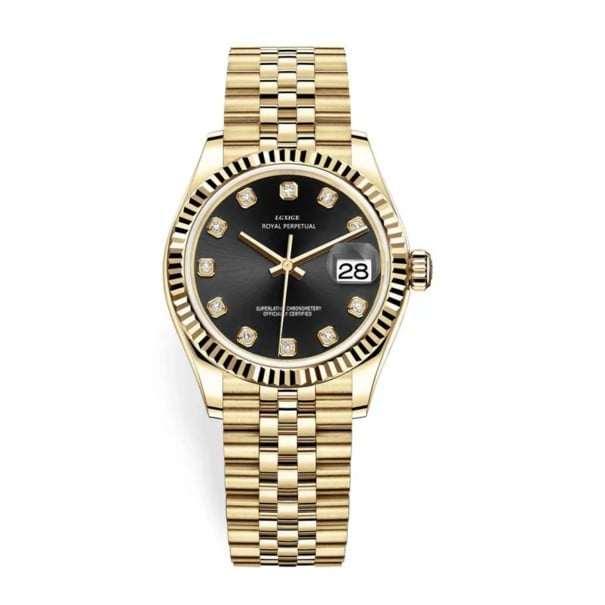 Luxus Damenarmbanduhr mit Kristallen statt Indizes Datumsfenster Geriffelte Lünette Goldener fünfreihiger Armband Wasserfest 5 ATM schwarz