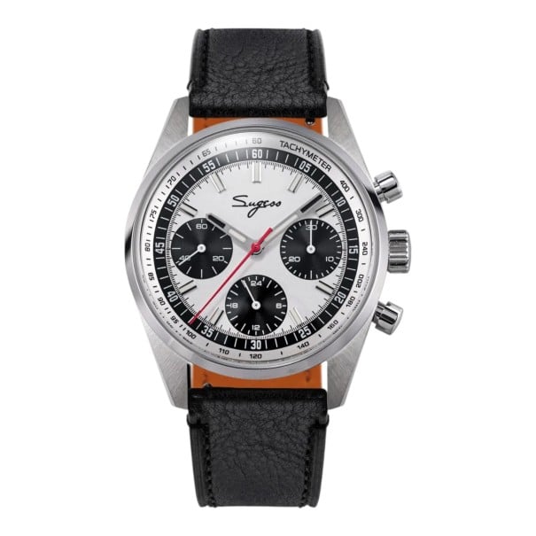 Luxus férfi mechanikus kronográf Kézi felhúzás Tachiméter és 24 órás kijelző Tok 38 mm Rozsdamentes acél 316L Zafírüveg Bőr szíj fehér