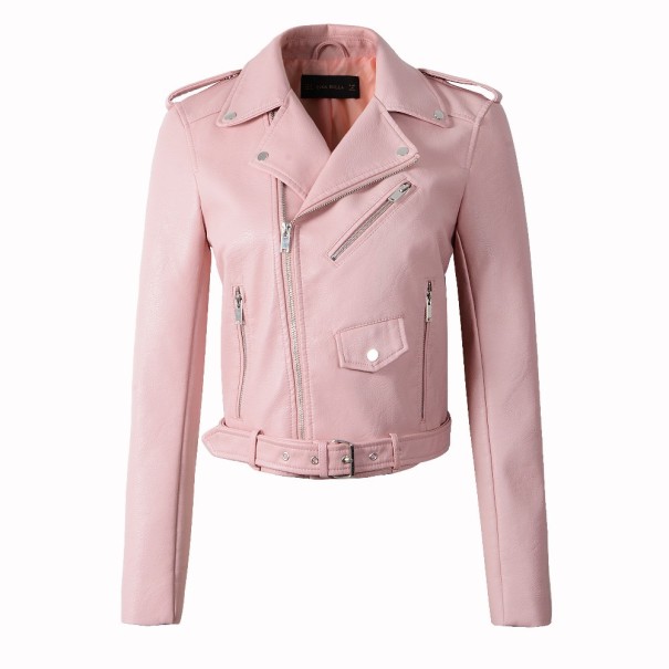 Luxusná dámska bunda z umelej kože - Ružová XS
