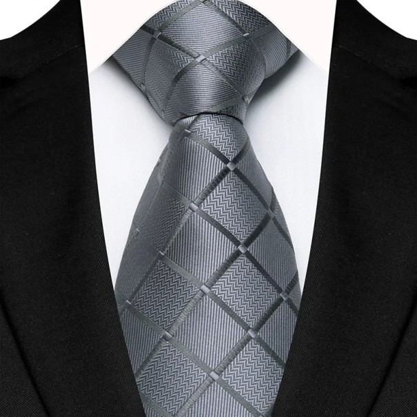 Luxusná károvaná pánska kravata 145 x 8 cm Elegantná vzorovaná kravata Kvalitná široká kravata na spoločenské akcie, pracovné schôdzky a formálny outfit sivá