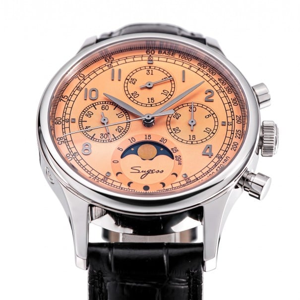 Luxusné pánske mechanické hodinky Chronograf s fázami Mesiaca a dátumom Priehľadné víčko Pouzdro 41 mm Safírové sklo Oceľ 316L oranžová