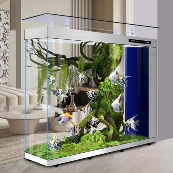 Luxusní akvárium 120 x 40 x 116 cm Velké skleněné akvárium s přepážkou Super bílé sklo LED osvětlení Filtrace Chytrý displej stříbrná