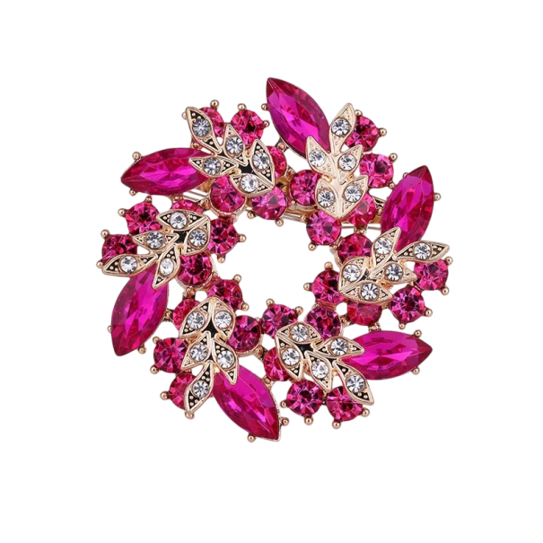 Luxusní ozdobná brož 40 x 40 mm Listy ve tvaru prstenu Zinková slitina s kamínky Elegantní dekorativní doplněk luxusní šperk tmavě růžová