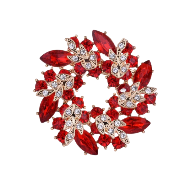 Luxusos díszes bross 40 x 40 mm Gyűrű formájú levelek Cinkötvözet kövekkel Elegáns dekoratív kiegészítő luxus ékszer piros