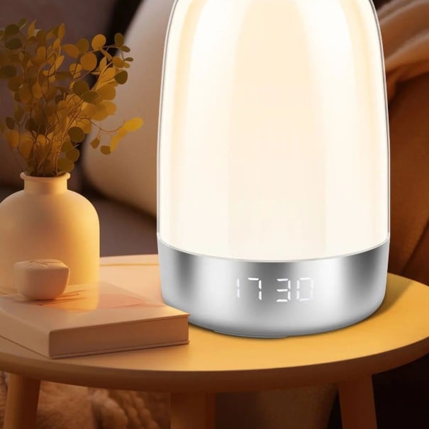 Luz de noite táctil com despertador e simulação de amanhecer 7 modos de alarme 6 cores RGB 3 níveis de brilho Temporizador 15 cm Branca Para o quarto 1