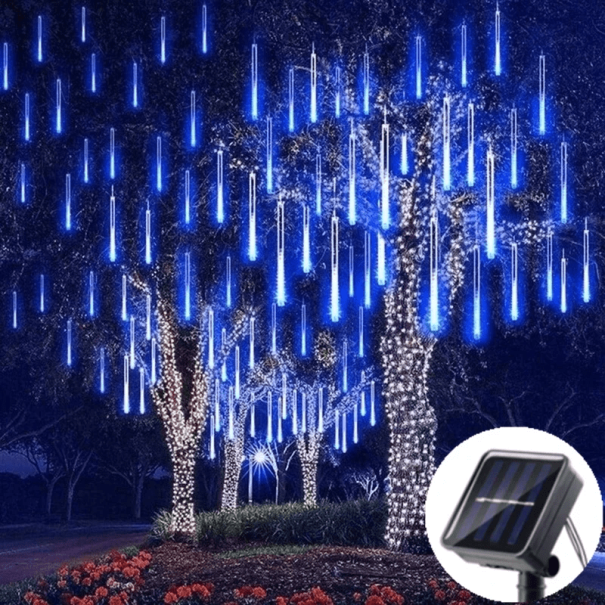 Luz LED solar 50 cm 8 tubos Efeito de chuva de meteoros 210 cm corrente Iluminação de Natal exterior à prova de água com cabo azul