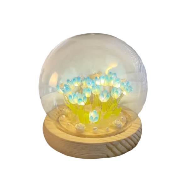 Luz nocturna em cúpula com tulipas DIY 9 flores com base de madeira Presente montável para amantes de flores Decoração de interiores azul
