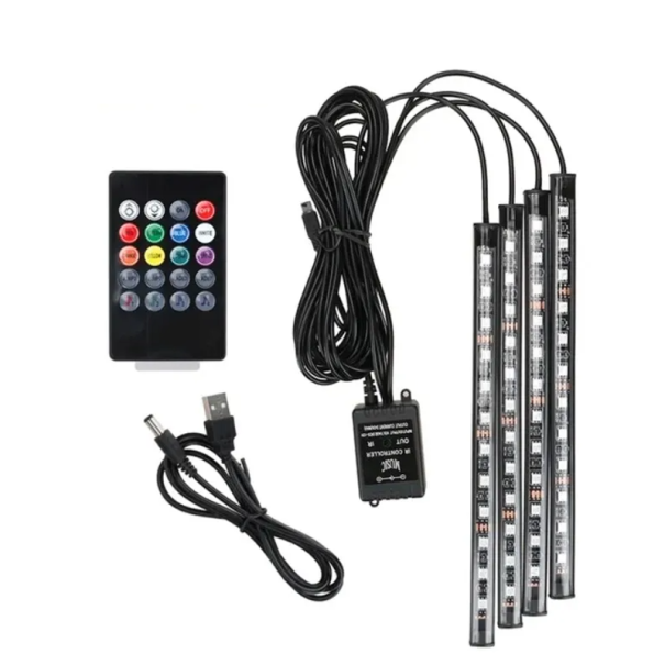 Luzes LED RGB Universais para Carro 4x22,5 cm 48 LED Controlo Remoto Modo Musical 16 Cores Alimentação USB Iluminação Atmosférica 1