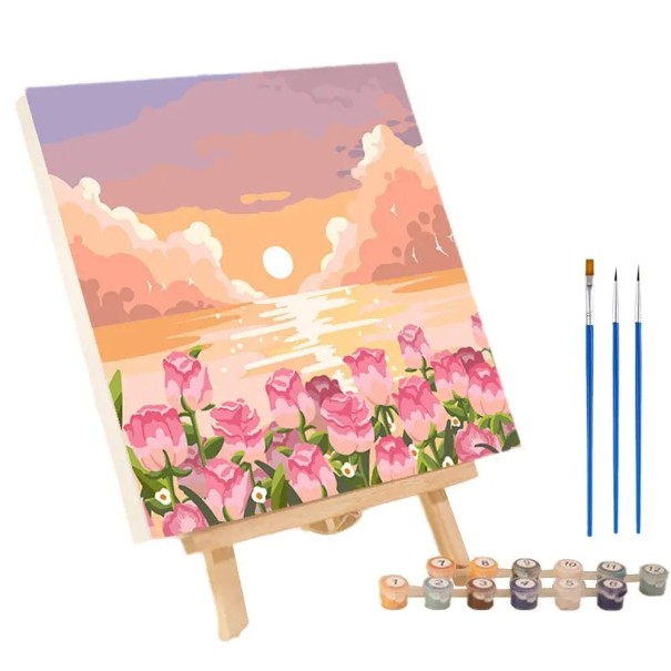 Maalaa numeroiden mukaan -setti 20x20 cm, auringonlasku ja kukat, akryylimaalit, kankaalle sopivat siveltimet, kehys, rentouttava 1