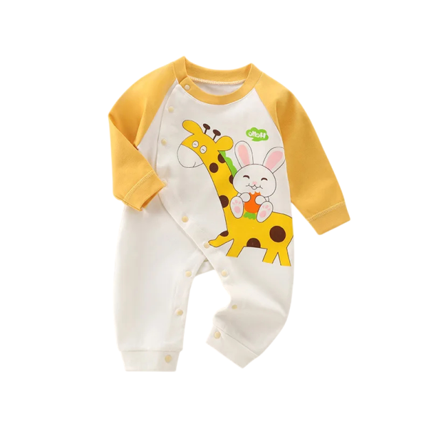 Macacão branco para recém-nascidos Body de algodão com mangas longas e estampado de girafa Decote em V Fecho de pressão Roupa de bebé 6-9 meses