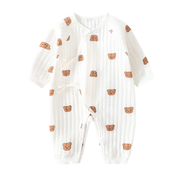 Macacão de algodão para crianças com mangas longas e padrão de ursos, decote em V, pijama unisex com fechos de pressão e laços, roupa 0-1 mês