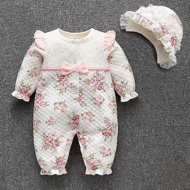 Macacão de bebé menina com chapéu T2607 branco 0-3 meses