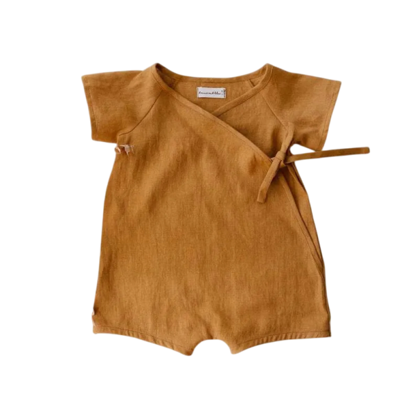 Macacão de Verão para Crianças em Linho e Algodão com Mangas Curtas Body Liso com Camiseta e Calções Macacão Casual Unissexo para Bebés e Crianças castanho 18-24 meses