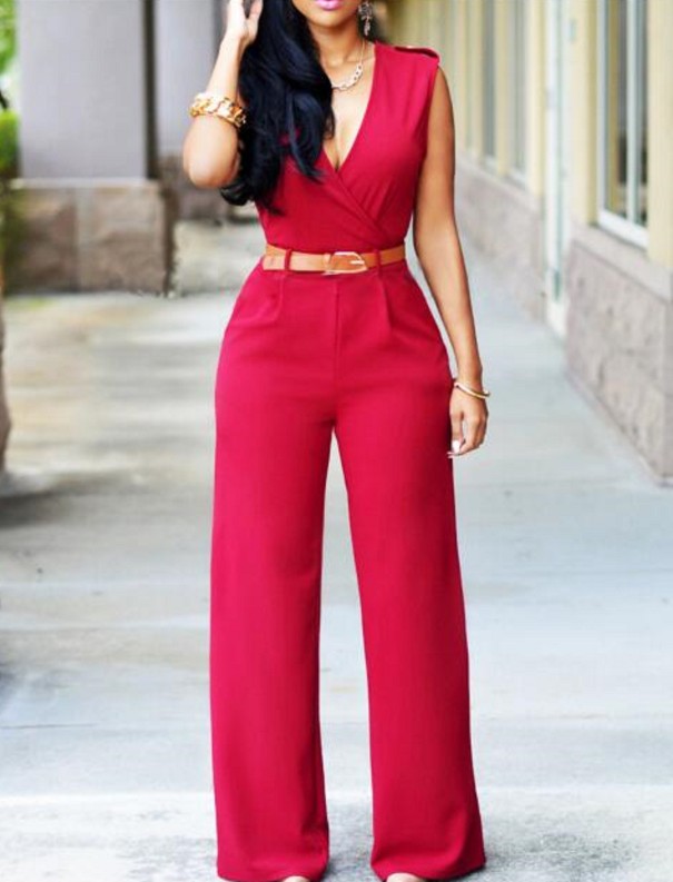 Macacão feminino com cinto vermelho XL