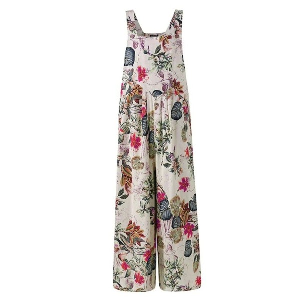 Macacão feminino floral Decote redondo Calças longas Top com alças largas Corte leve de verão Material poliéster linho branco M
