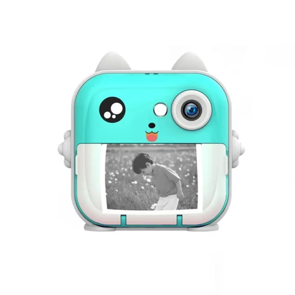 Macchina fotografica per bambini con stampa istantanea 1080p Stampa termica su carta Display IPS da 2,4" Ricarica USB Batteria da 800mAh Include 3 rotoli di carta e cordino blu
