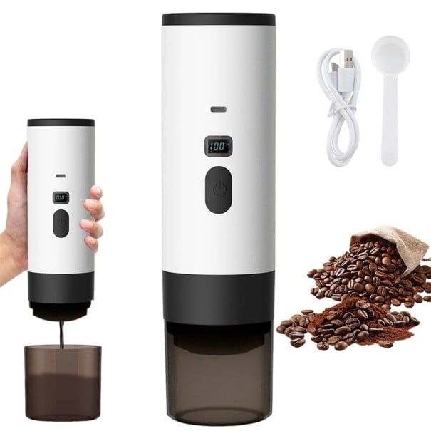 Machine à café portable pour capsules et café moulu avec pression de 15 bars, batterie de 2600 mAh et tasse de 120 ml blanc