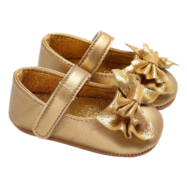 Mädchen Ballerinas mit gerafftem Schleifen Glänzende Oberfläche und Riemen über dem Spann mit Klettverschluss Weiche Sohle aus PU-Leder und Baumwolle Goldene Mädchen Festschuhe 0-6 Monate