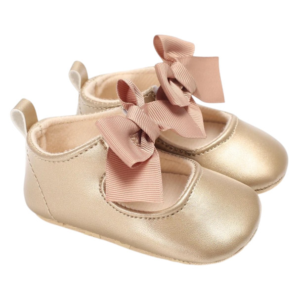 Mädchen Ballerinas mit Schleifenband Pouch an der Ferse und geschlossene abgerundete Spitze Weiche Sohle PU Leder und Baumwolle Gold mit rosa Schleife Mädchen Schuhe 0-6 Monate