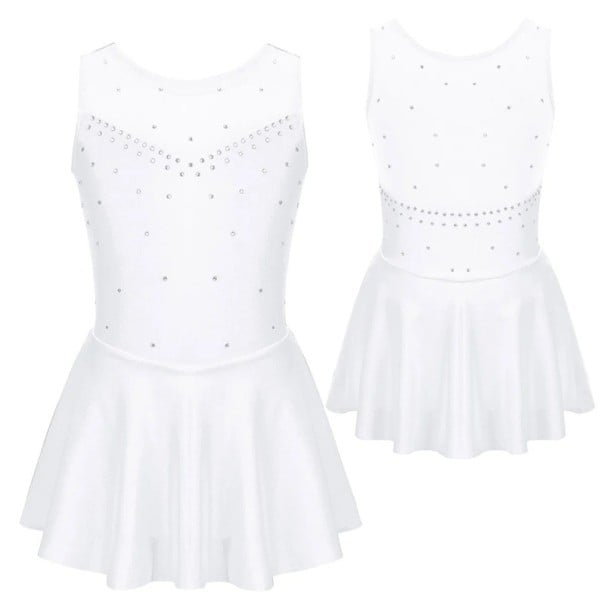 Mädchen Ballettkleid ohne Ärmel mit Strasssteinen und Rock, Netzdekolleté, Nylon Polyester Elasthan, Tanztrikot für Ballett und Gymnastik weiß 16