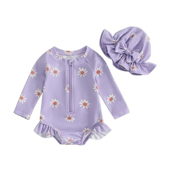 Mädchen Einteiler Badeanzug für die Kleinsten mit langen Ärmeln und Blumenmuster, Reißverschluss und Rüschchen lila 3-6 Monate
