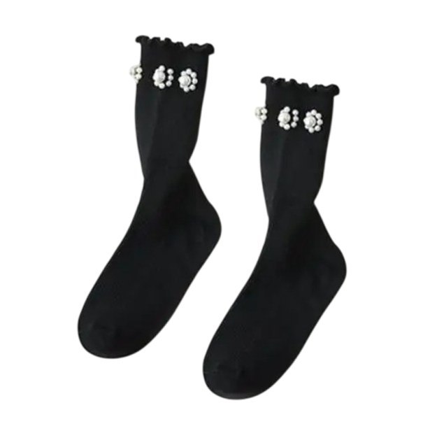 Mädchen Kinder Socken Einfarbige Socken mit Perlenblumen Baumwollweiche Socken für Kinder Elegante Socken für Mädchen schwarz 1-3 Jahre