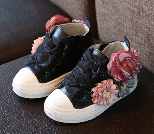 Mädchen-Sneaker mit Blumen schwarz 24,5