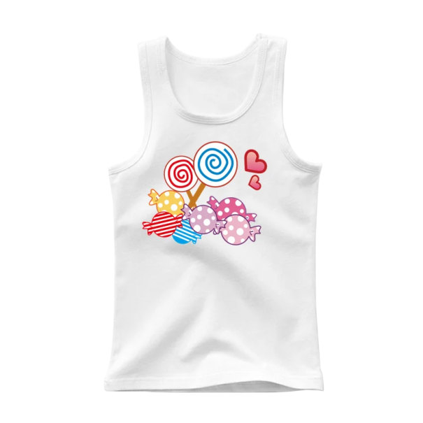 Mädchen Sommer Top ohne Ärmel 100% Baumwolle Einfarbiges T-Shirt mit Cartoon-Motiv von Lutschern und Süßigkeiten Niedliches Top für Kinder Verschiedene Farben weiß 12