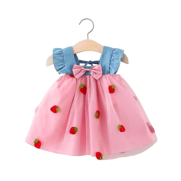 Mädchen Sommerkleider mit gesticktem Erdbeermotiv und Schleife mit Tüllrock und kurzen Ärmeln für die Kleinsten für den Sommer und Feiern rosa 3