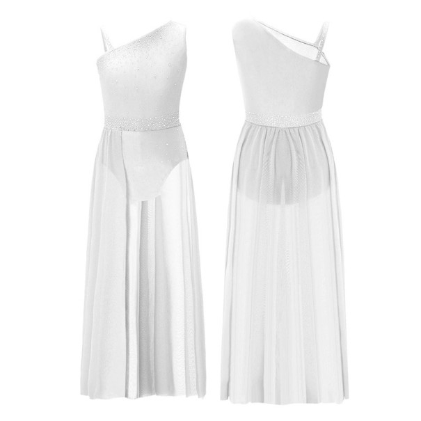 Mädchen Tanzkleid mit asymmetrischem Schnitt Polyester lange Kleidung für Bühnentanz und Auftritte weiß 7-8 Jahre