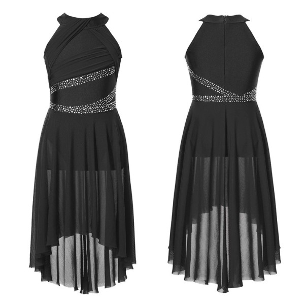Mädchen Tanzkleider mit asymmetrischem fließendem Rock Polyester Elasthan Kleidung für Bühnentanz und Auftritte schwarz 5-6 Jahre