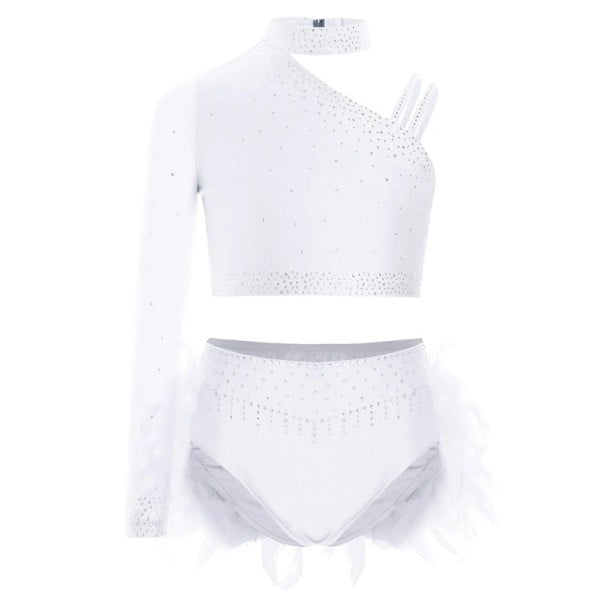 Mädchen Tanzset mit Strasssteinen und Federn, asymmetrisches Top mit einem Ärmel und Panty, Polyester und Elasthan, Kostüm für Jazz weiß 6