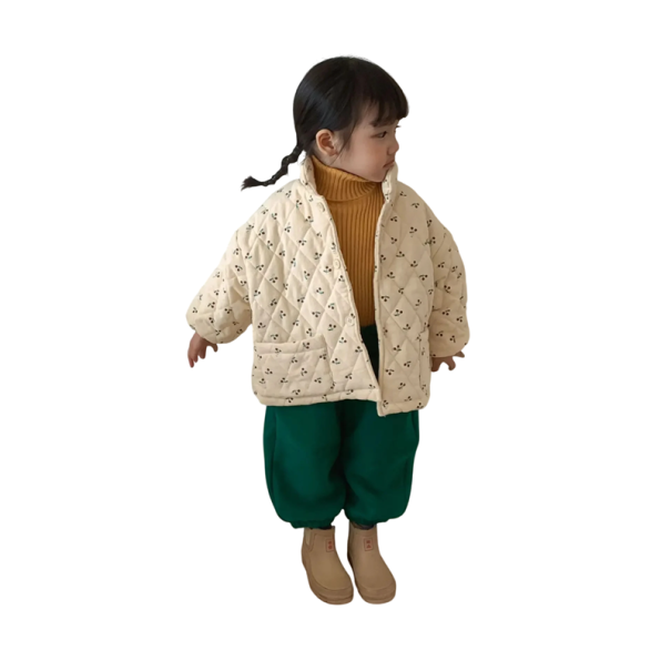 Mädchen Winterjacke Knopfverschluss Taschen Warme Baumwoll-Winterjacke mit Kirschmotiven Stylische wärmende Jacke für Kinder Niedliches Kirschmuster 7