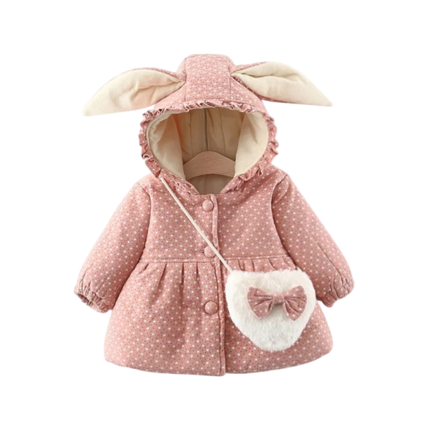 Mädchen Winterjacke mit Knöpfen und Kapuze mit Hasenohren und Raffung Plüschhandtasche als Geschenk Warmer Polyesterjacke für kleine Mädchen rosa 9-12 Monate
