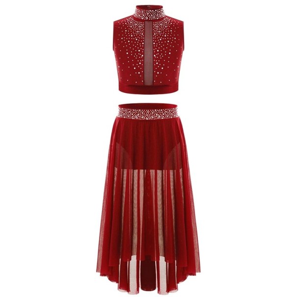 Mädchen Zweiteiliges Tanzoutfit mit Strass Kurzes Top mit Stehkragen und langer Tüllrock Polyester Für Ballett und modernen Tanz rot 6